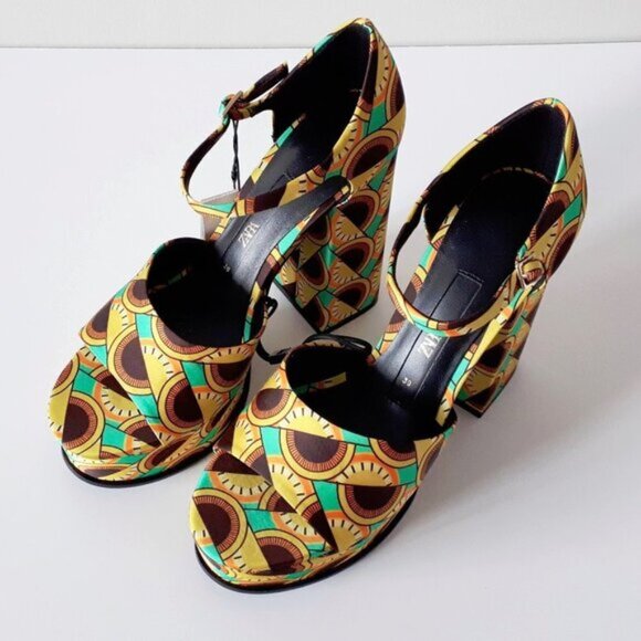 NWT Zara multicolour retro-inspired abstract print chunky platform heeled sandal - Picture 9 of 13